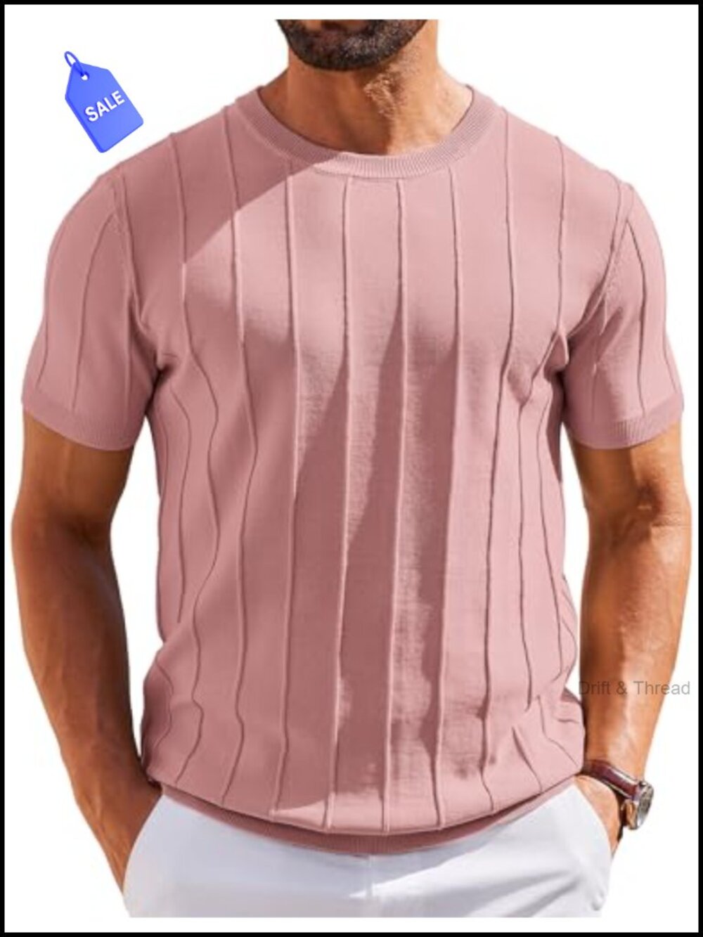 Mens Short Sleeve Knit T-Shirt Casual Pullover Crew Neck Ribbed